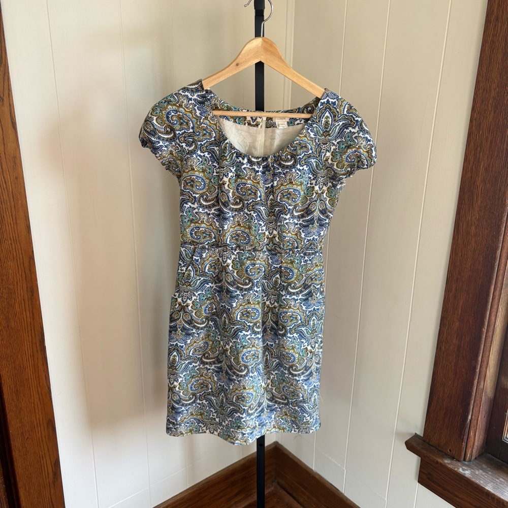 J Crew Women's 4 Blue Paisley Round Neck Short Sleeves Silk Cotton Mini Dress